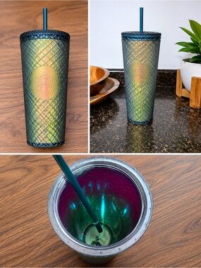 Starbucks Iridescent Teal Green Pineapple-Texture Tumbler with Straw